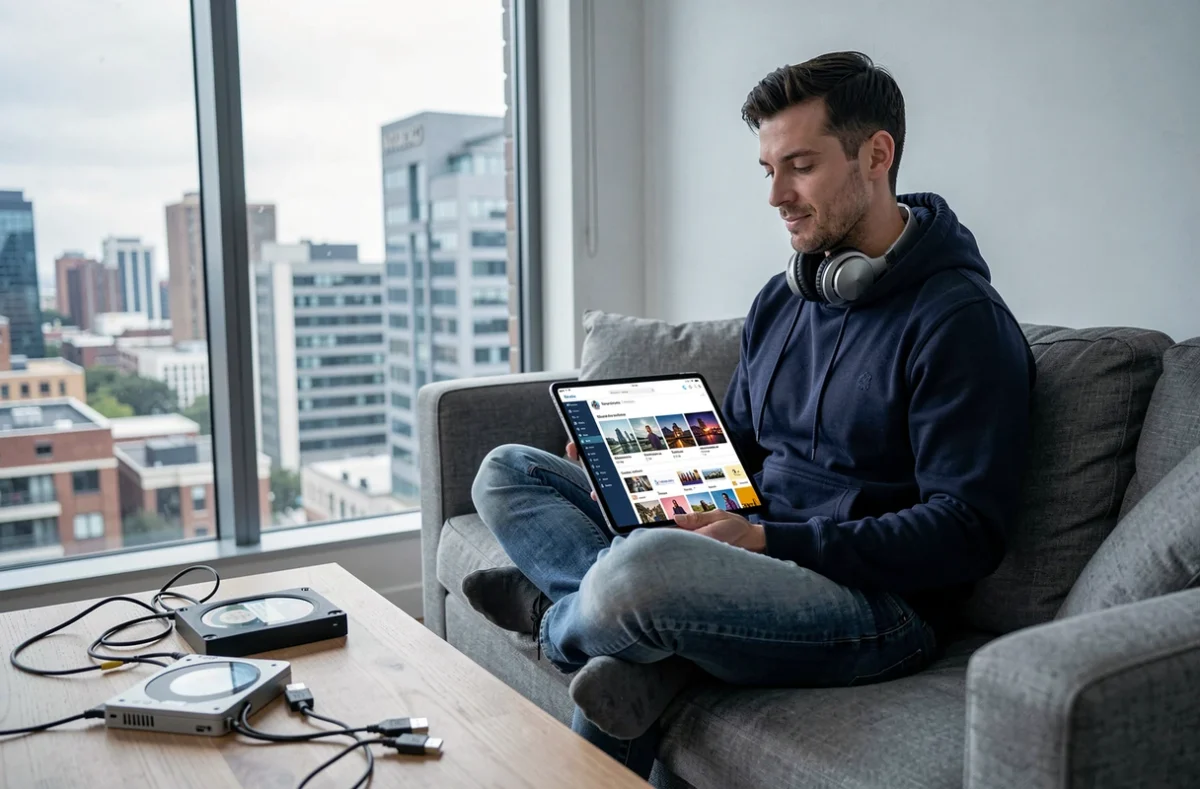 Homme écoutant des vidéos YouTube converties en MP4 sur une tablette depuis son salon avec une collection de médias téléchargés