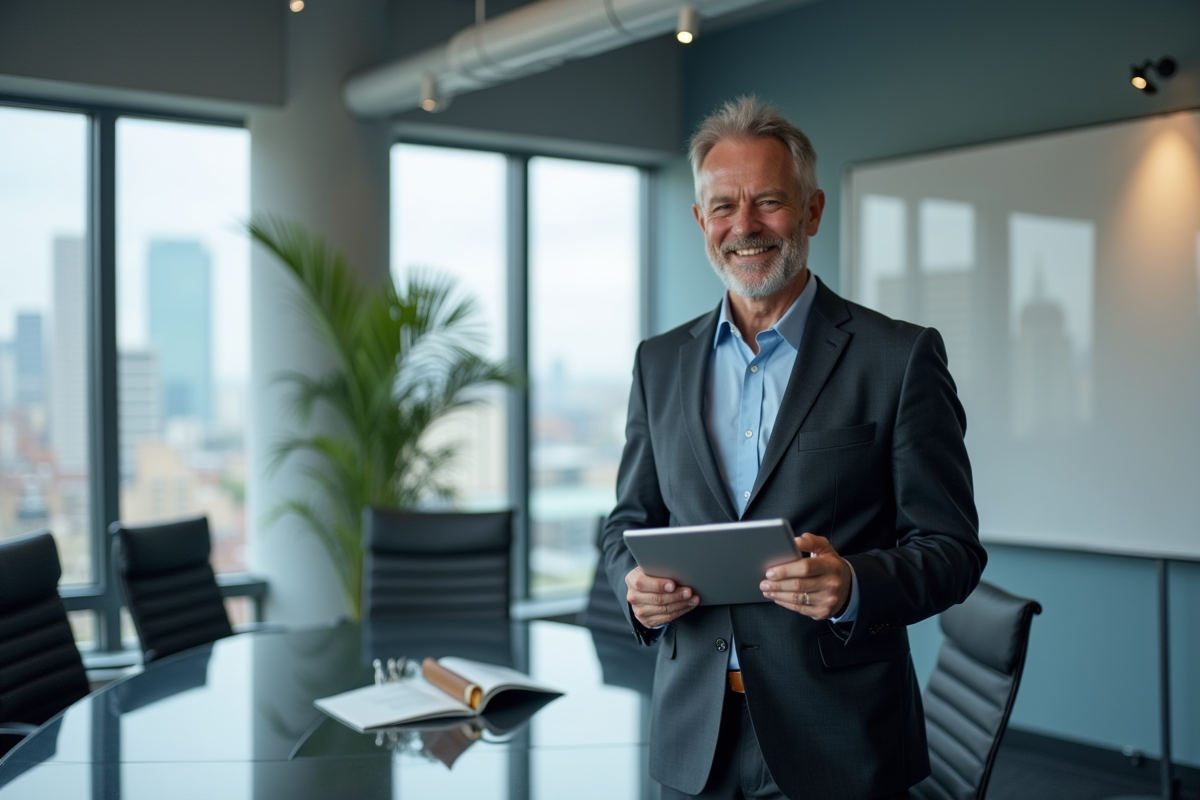 Homme en réunion utilisant une tablette pour gérer Outlook
