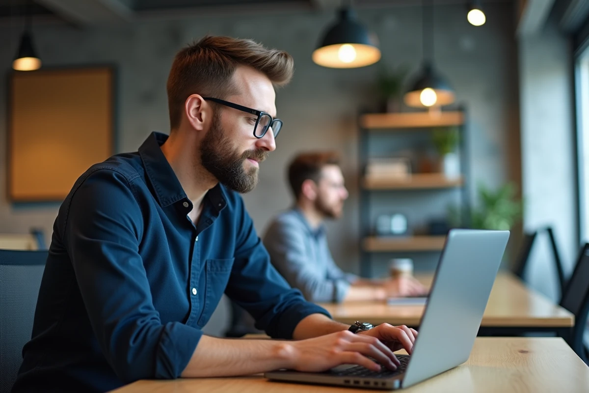 Homme en télétravail utilisant un portail intranet unique dans un espace de coworking moderne