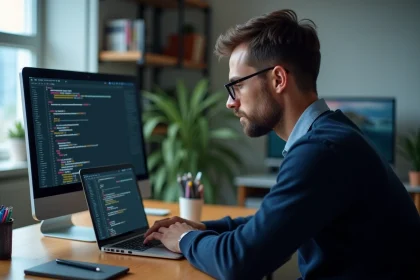 Homme en bureau appliquant une mise &agrave; jour logiciel