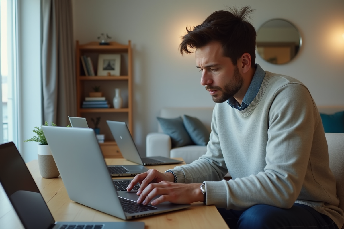 Homme concentré utilisant plusieurs appareils modernes à la maison