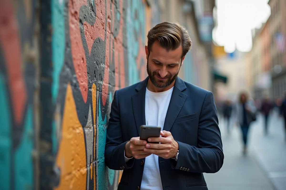 Homme dans la rue regardant une vidéo sur son smartphone devant un mur graffiti