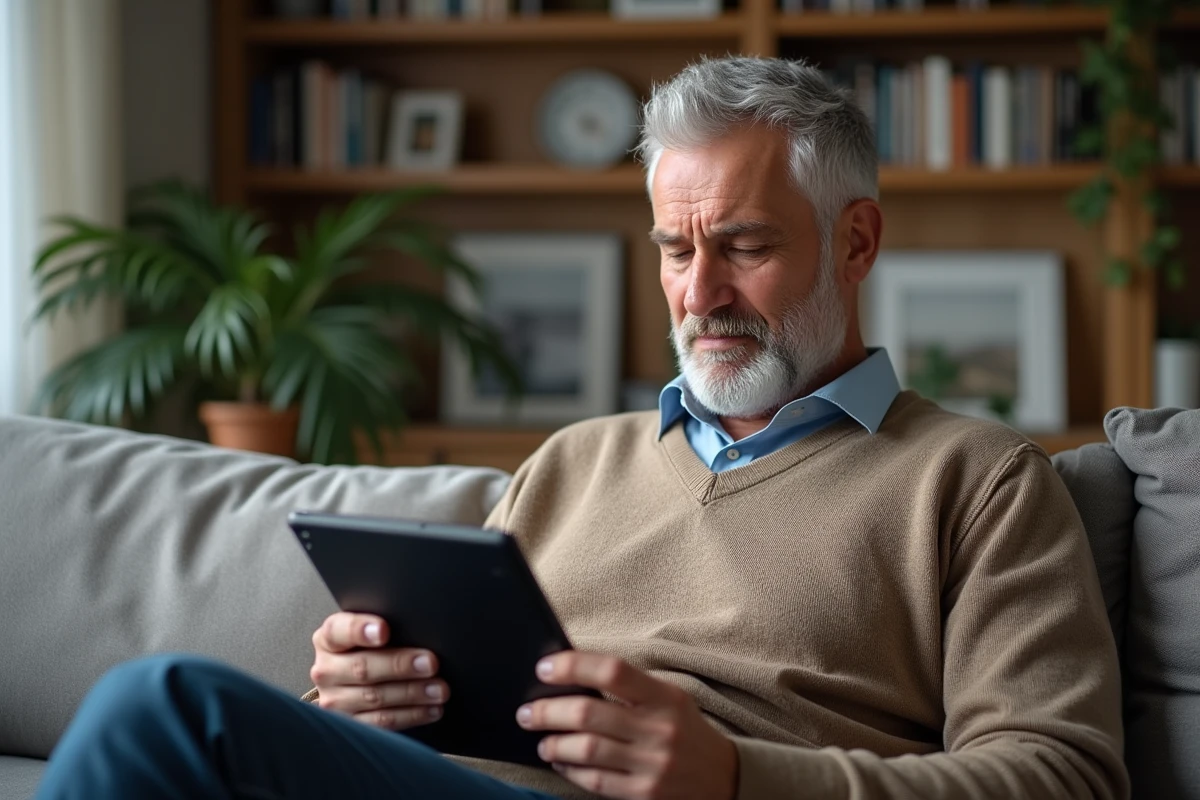Homme cr&eacute;ant un mot de passe s&eacute;curis&eacute; sur sa tablette &agrave; la maison