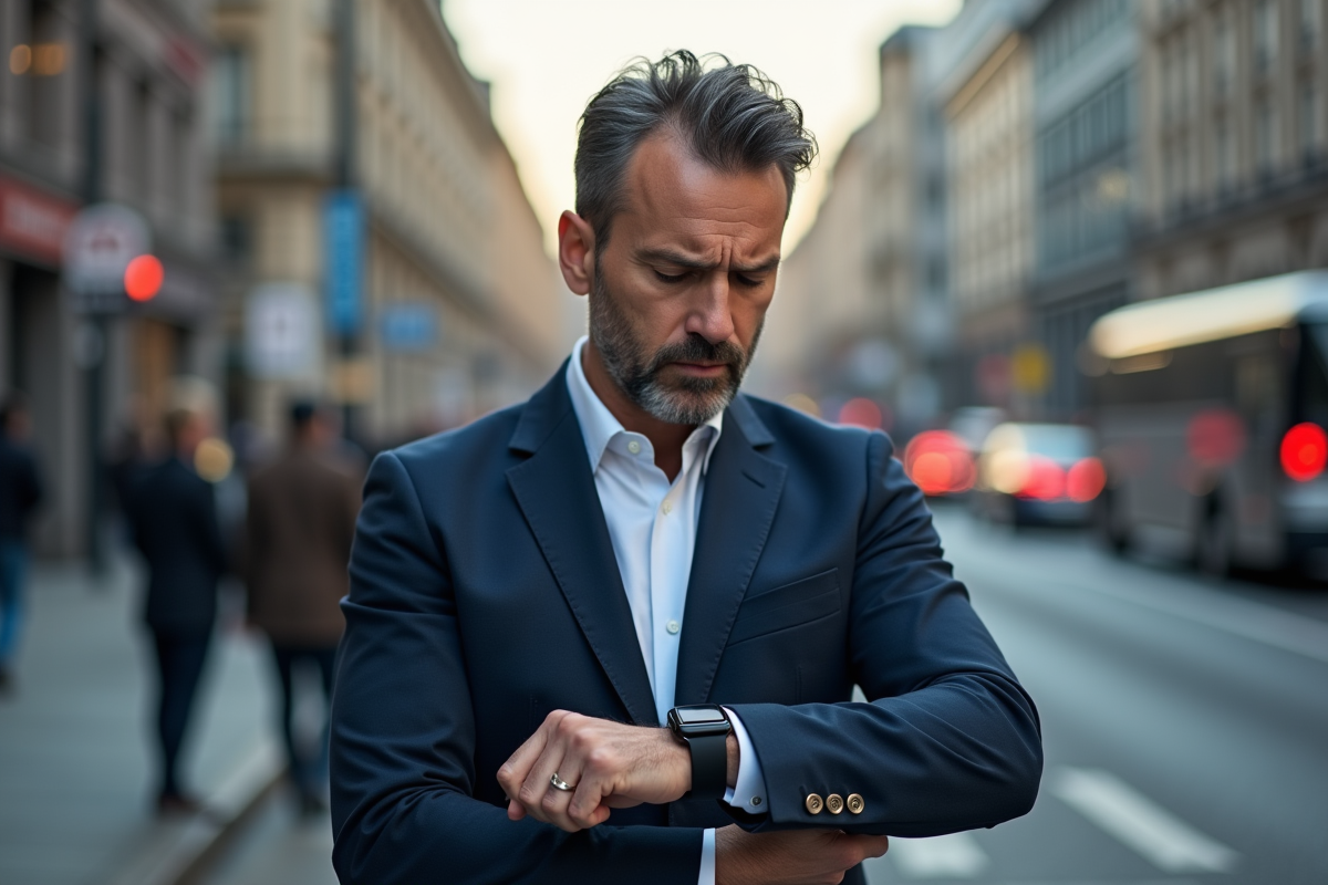 Homme regardant une notification de privacy sur sa montre en ville
