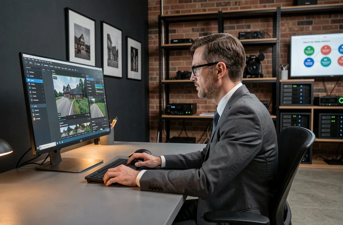 Consultant informatique d'Infodeos travaillant sur des logiciels de production numérique dans un bureau créatif