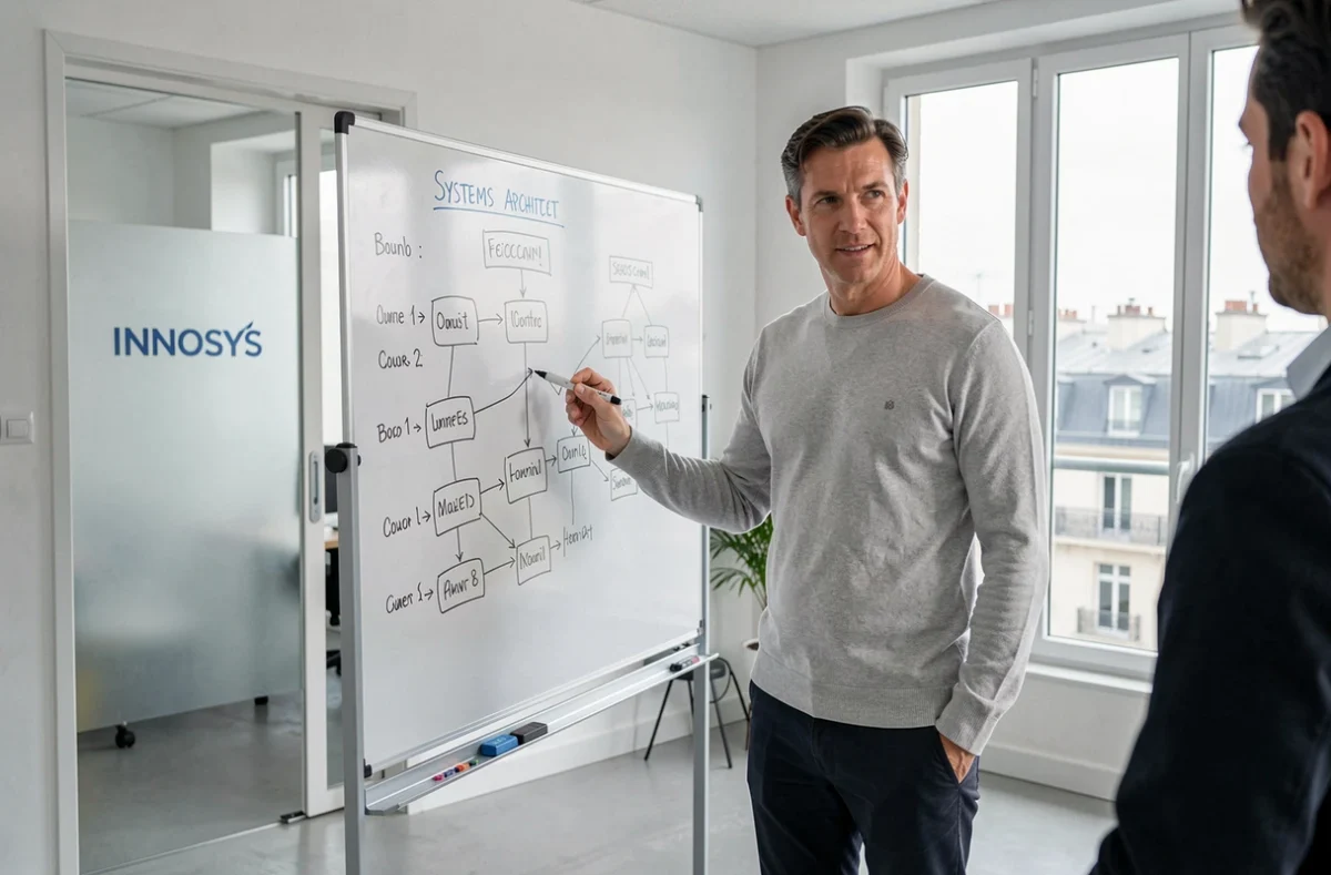 Architecte système INNOSYS expliquant des schémas techniques sur un tableau blanc dans un bureau parisien