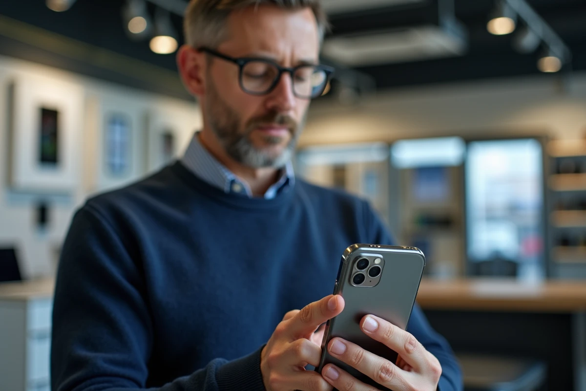 Homme inspectant un iPhone 14 Pro reconditionné dans une boutique spécialisée en téléphones reconditionnés