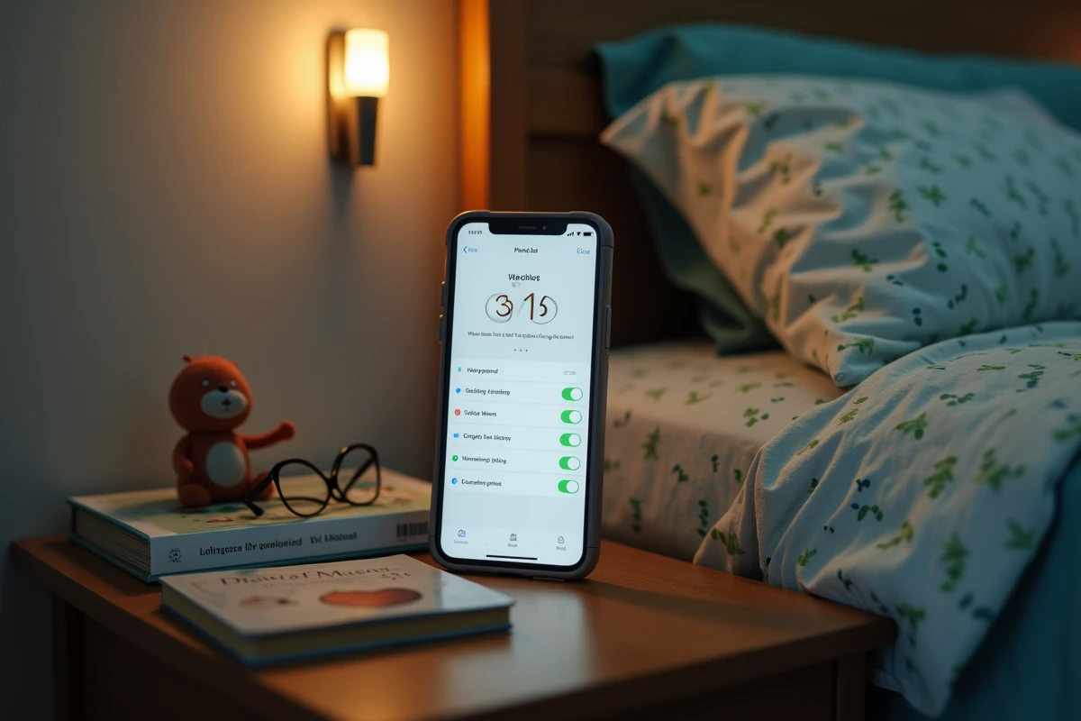 iPhone posé sur une table de nuit affichant les réglages d'alarme adaptés pour enfant
