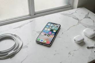 iPhone SE 2026 posé sur un bureau en marbre blanc avec des accessoires Apple minimalistes