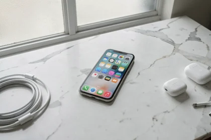 iPhone SE 2026 posé sur un bureau en marbre blanc avec des accessoires Apple minimalistes