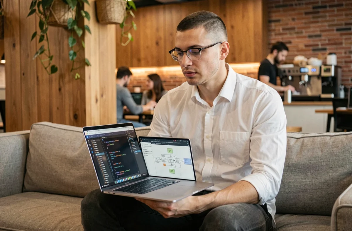 Jeune analyste BI travaillant sur une requête SQL et un pipeline de données depuis un espace de coworking