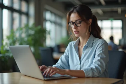 Jeune femme professionnelle concentr&eacute;e sur son ordinateur au bureau