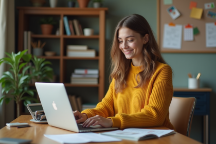 Jeune femme concentrée sur son ordinateur dans un bureau cosy