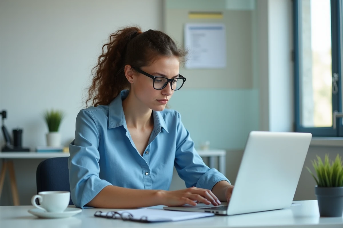 Jeune femme au bureau regardant son écran d'ordinateur