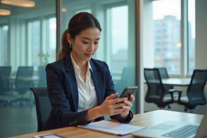 Jeune femme professionnelle utilisant son smartphone au bureau