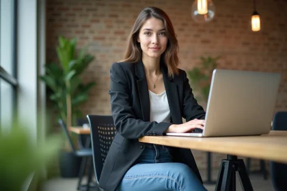 Jeune femme en blazer au bureau lumineux en coworking