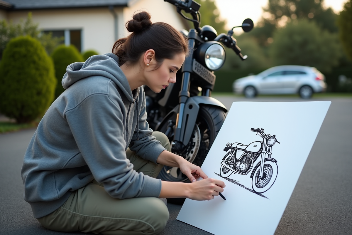 Jeune femme esquisse une moto en extérieur sur une allée