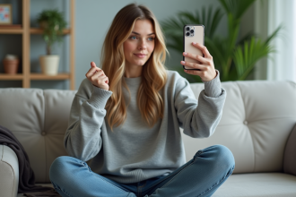 Jeune femme assise sur un canapé en train d'enregistrer avec son smartphone