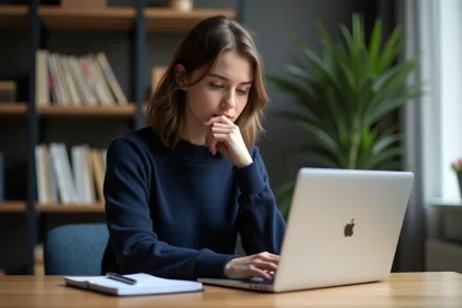 Jeune femme utilisant un Chromebook dans un bureau moderne