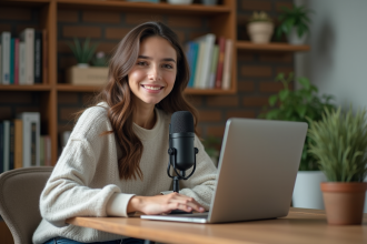 Jeune femme parlant dans un micro de podcast dans un intérieur cosy