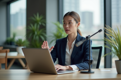 Femme professionnelle en bureau moderne avec micro et ordinateur