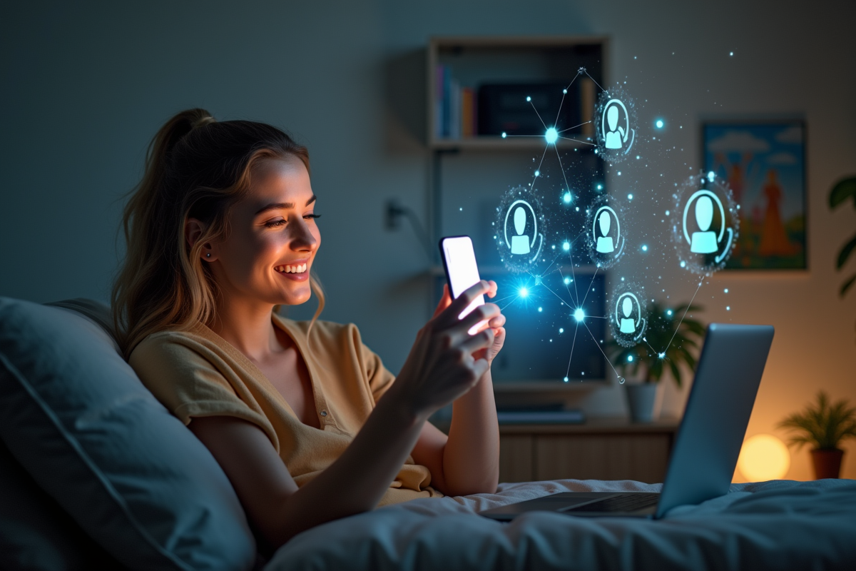 Jeune femme prenant un selfie avec des icônes holographiques dans un bureau cosy