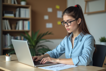 Femme concentrée travaillant sur son ordinateur pour la certification SEO