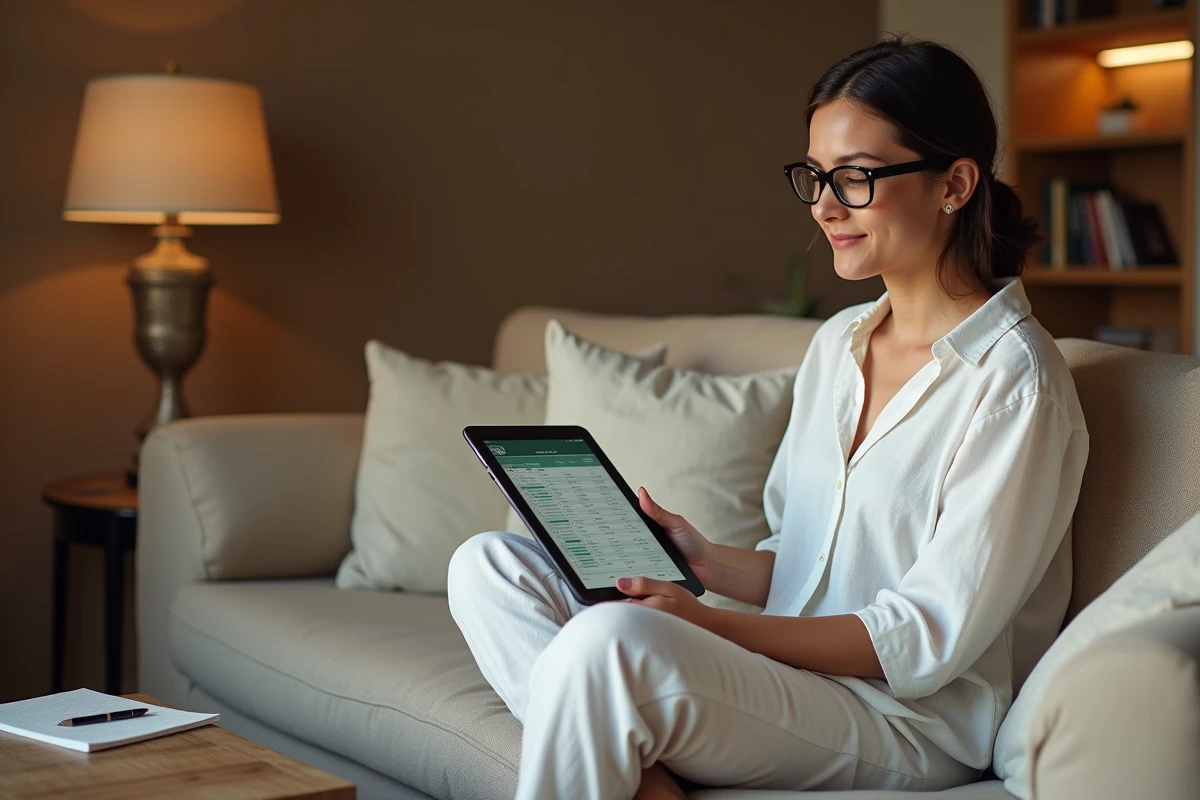 Jeune femme à lunettes assise sur un canapé avec une tablette affichant un tableur Excel avec des cellules figées dans un salon confortable