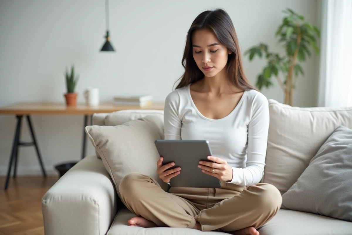 Jeune femme assise sur un canapé consultant un guide sur l'écriture de prompts réalistes pour personnages IA sur tablette
