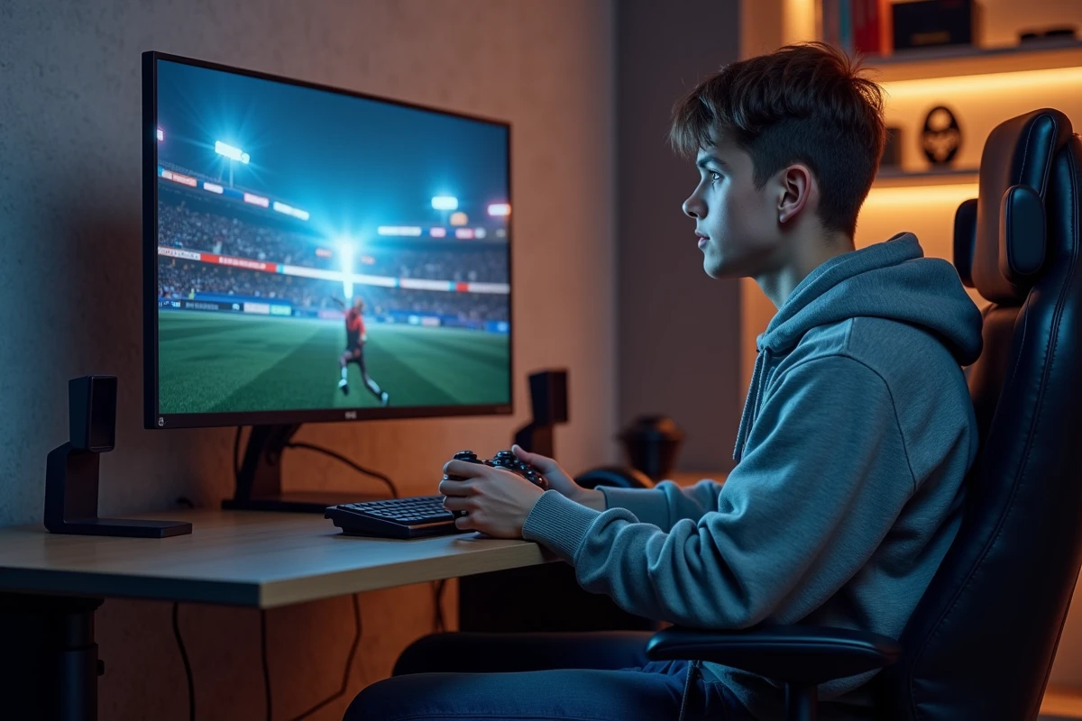 Jeune homme concentré jouant à Rocket League à la maison
