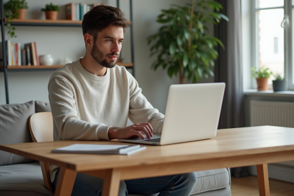 Jeune homme au bureau à la maison utilisant un ordinateur portable