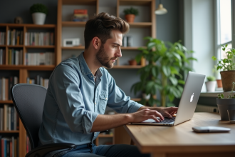 Jeune homme concentré travaillant sur son ordinateur dans un bureau moderne
