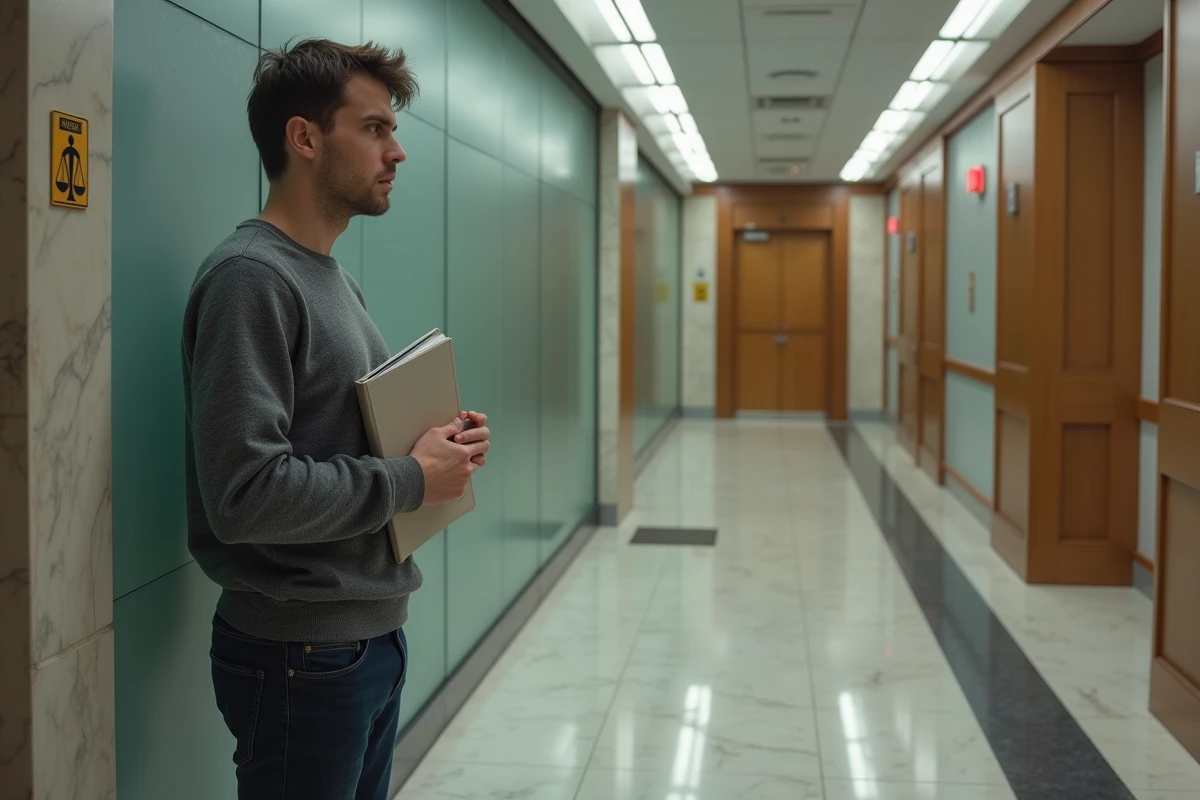 Jeune homme anxieux dans un couloir de tribunal moderne