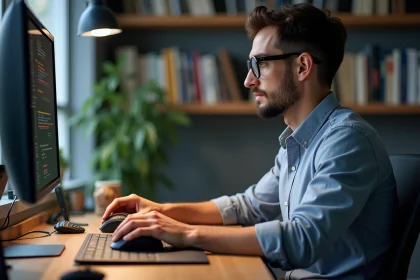 Jeune homme ajustant la souris sur un bureau moderne