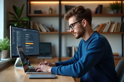 Jeune homme avec lunettes utilisant un ordinateur en fran&ccedil;ais