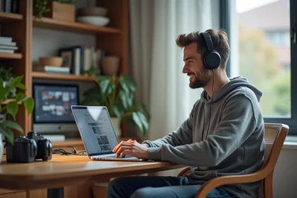 Jeune homme souriant avec casque et ordinateur pour YouTube MP3