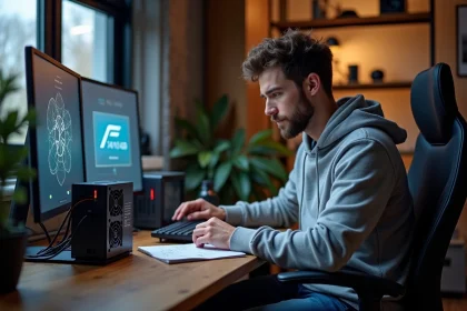 Jeune homme étudiant deux blocs d'alimentation PC dans un bureau moderne