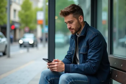 Jeune homme assis sur un banc urbain avec smartphone
