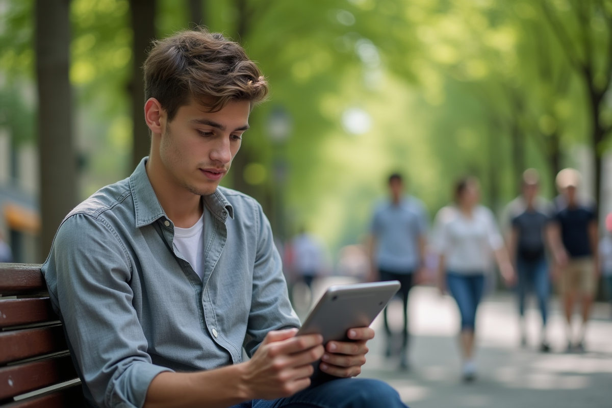 Jeune homme lisant une tablette dans un parc urbain