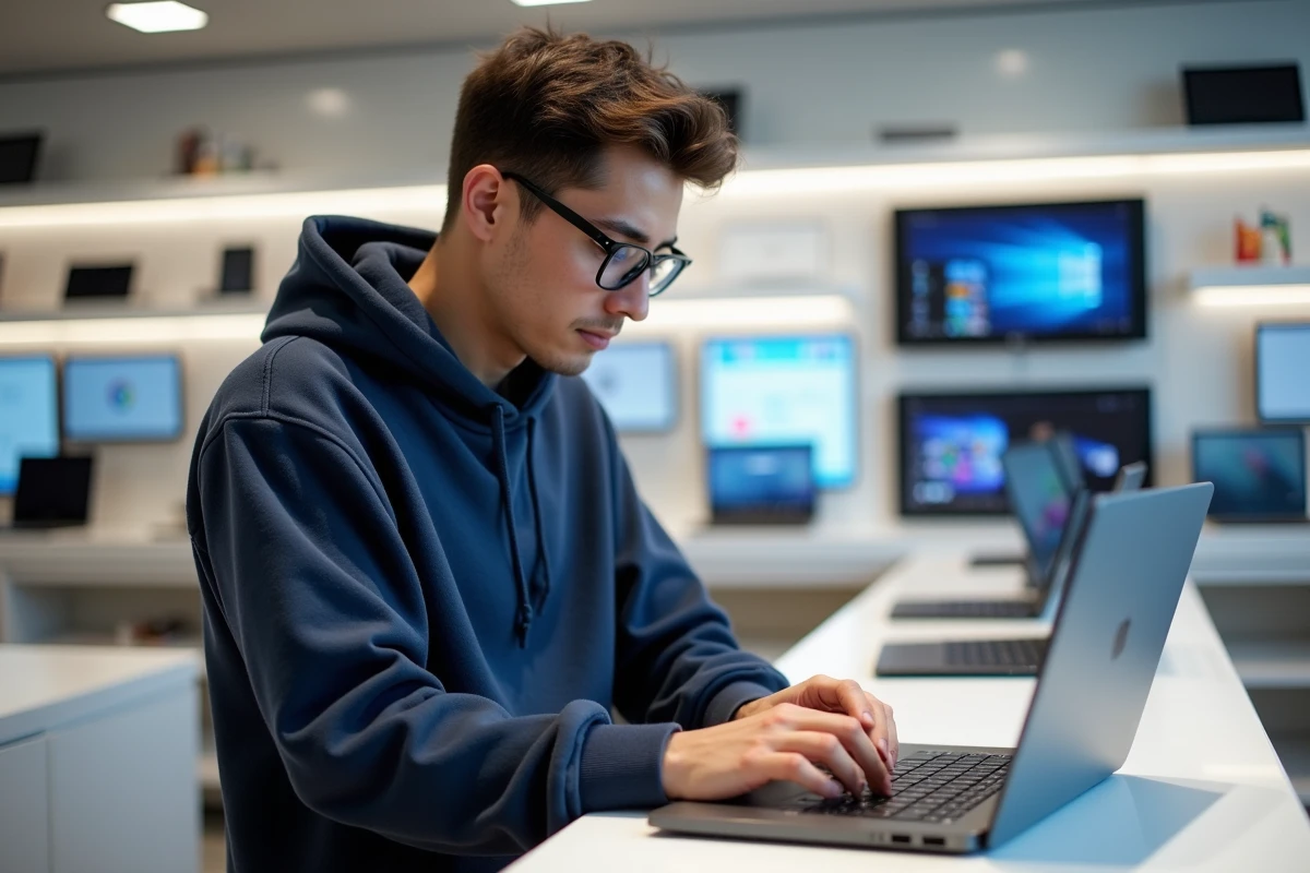Jeune homme examinant un Chromebook en magasin de technologie