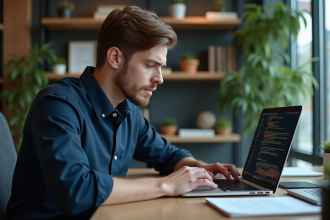 Jeune professionnel en code dans un bureau moderne