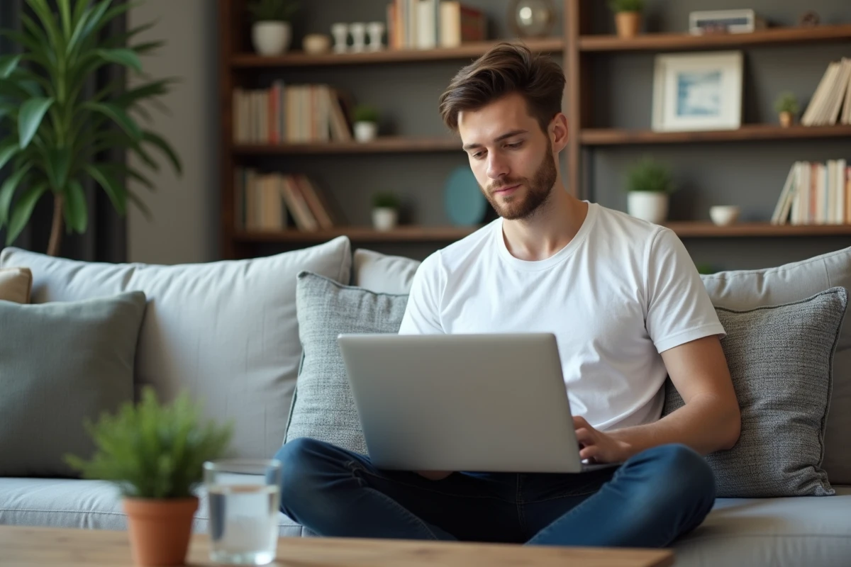 Jeune professionnel travaillant sur des formules Excel combinant les dates et la fonction SI depuis un bureau à domicile