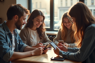 Groupe de jeunes adultes au café utilisant leurs smartphones