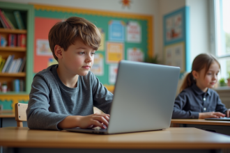 Jeunes lycéens en classe moderne concentrés sur leurs ordinateurs