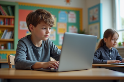 Jeunes lycéens en classe moderne concentrés sur leurs ordinateurs