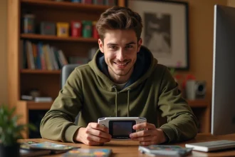Jeune adulte jouant à une Game Boy Advance SP dans une chambre cosy avec des jeux rétro en arrière-plan