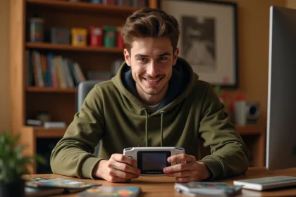 Jeune adulte jouant à une Game Boy Advance SP dans une chambre cosy avec des jeux rétro en arrière-plan