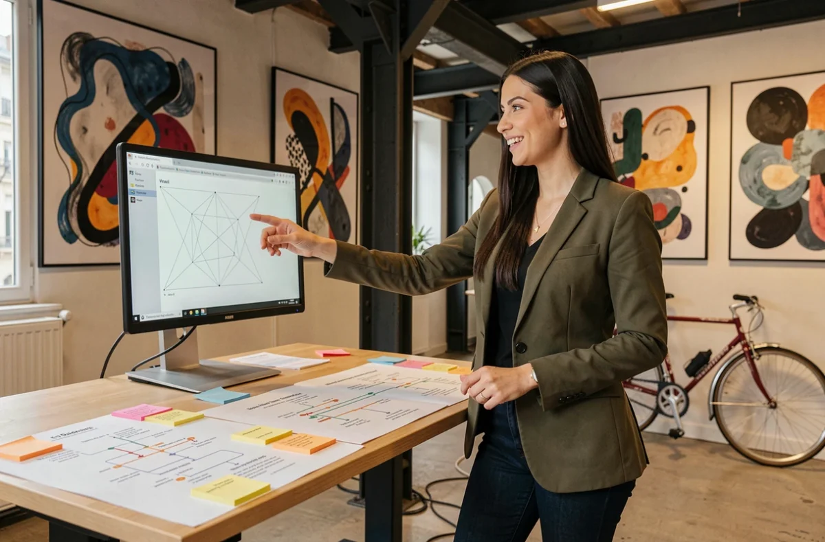 Designer UX de l'agence Kolonell debout devant ses cartes de parcours utilisateur dans un bureau parisien contemporain