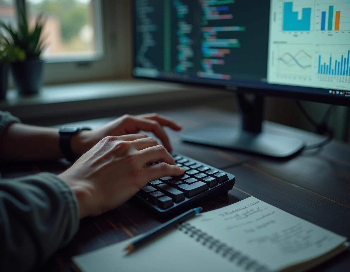 Gros plan de mains tapant du code Python sur un clavier mécanique avec un notebook Jupyter affiché en arrière-plan flou