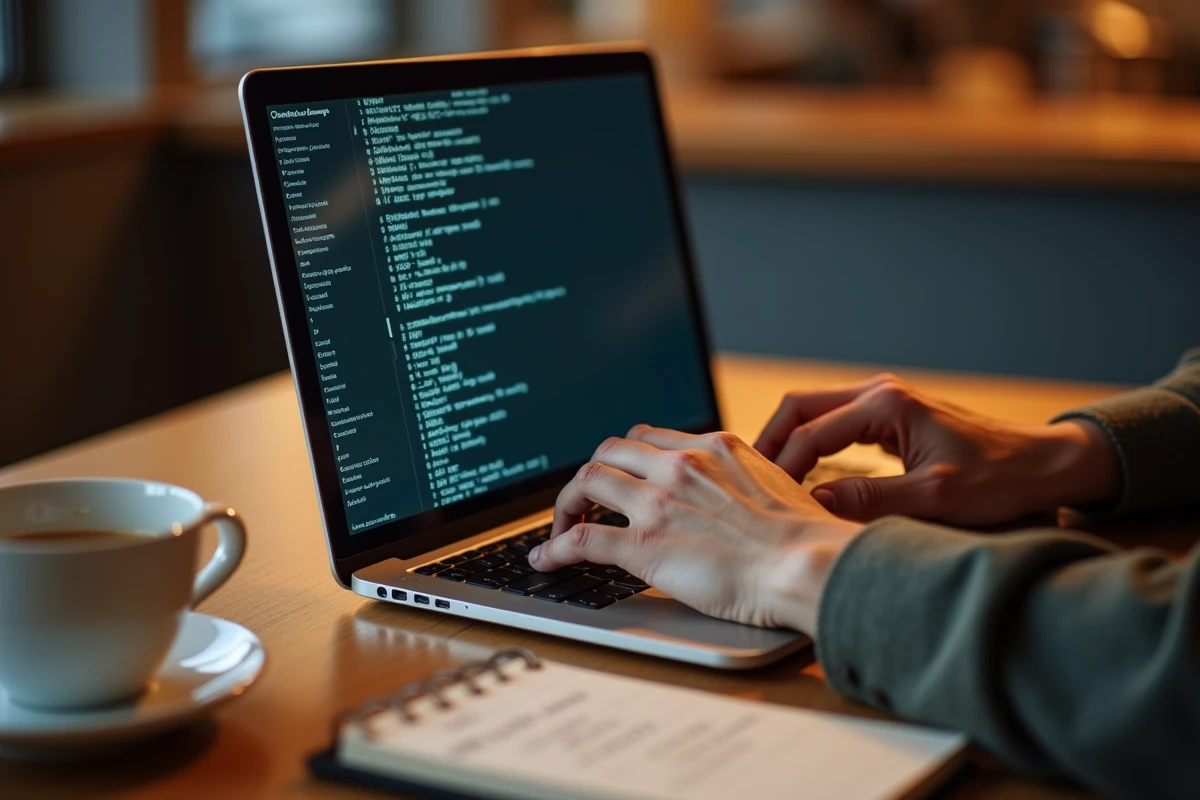 Mains tapant sur un ordinateur portable affichant des résultats de recherche d'adresses IPv4 dans un café